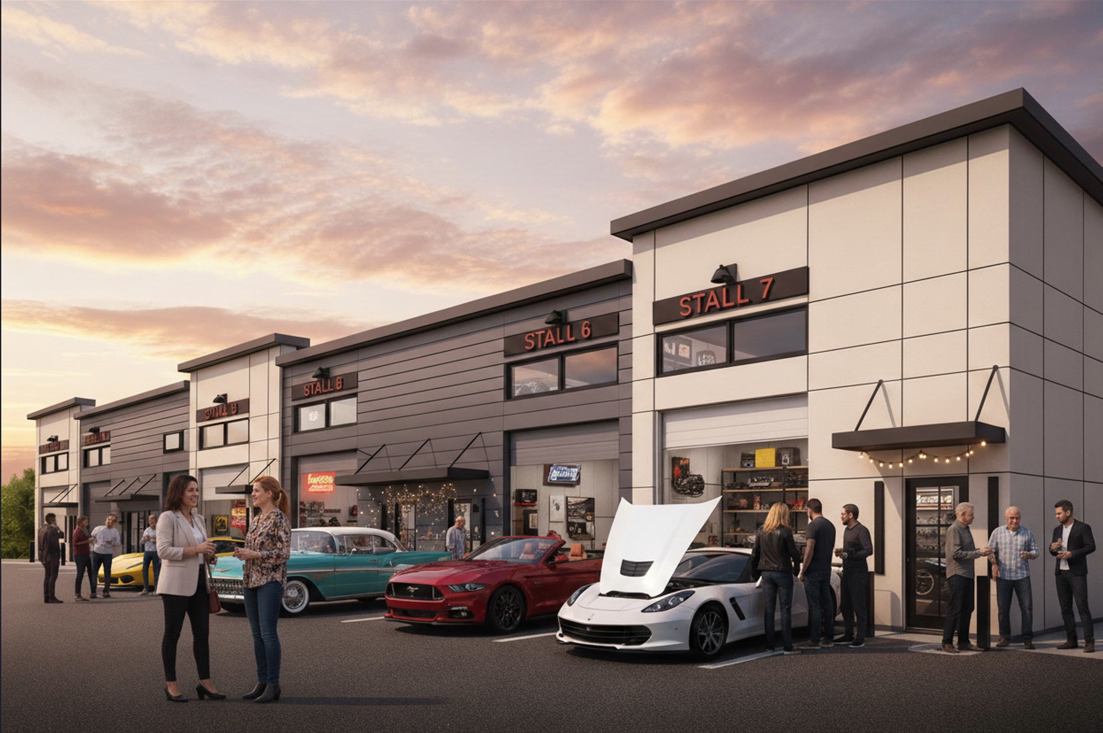 Rendering of The Auto Ranch at dusk: a row of private showroom units with collector cars parked outside and owners gathered